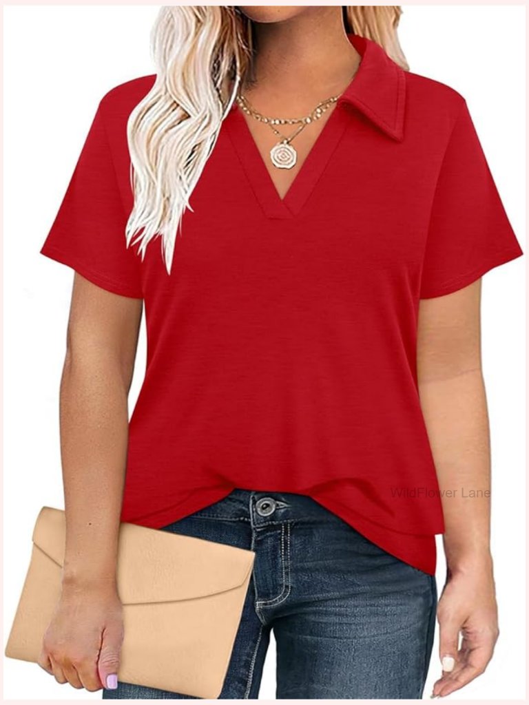 Plus Size Womens Polo Shirt Zipper Tshirt Office Business V Neck Tunic Work